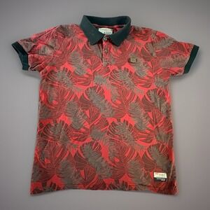 Plasio Youth Fever Polo Shirt Mens Medium Red Black Leaf Print Short Sleeve